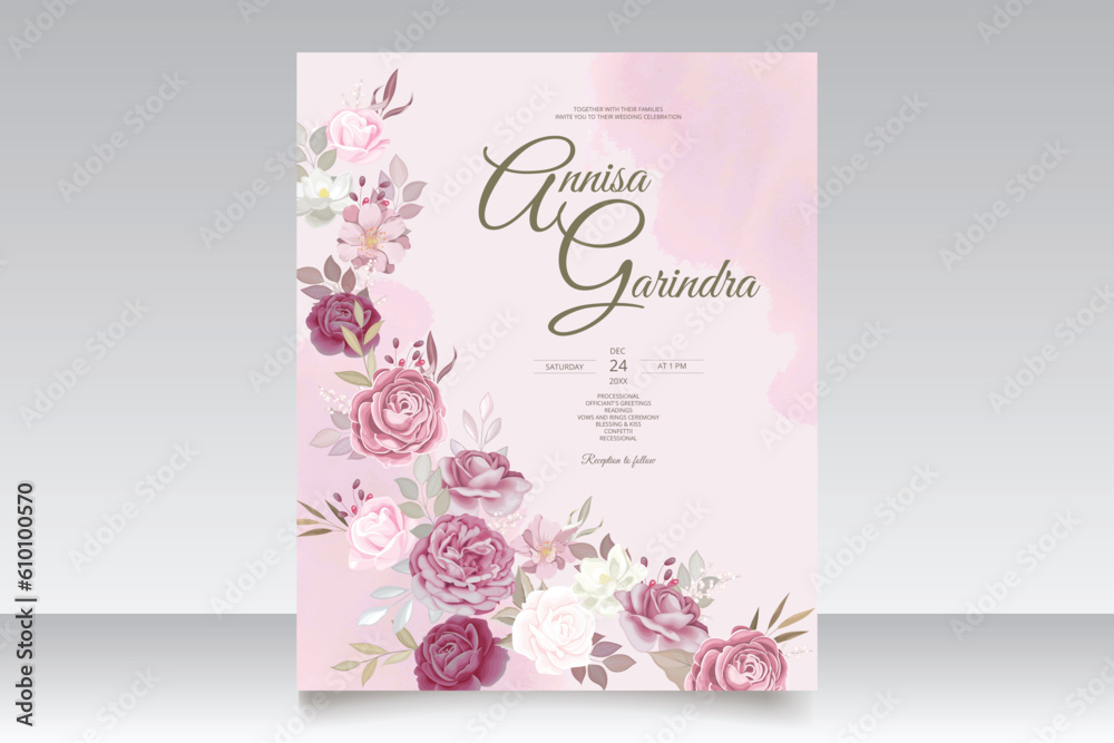 Beautiful romantic pink floral frame wedding invitation card template Premium Vector