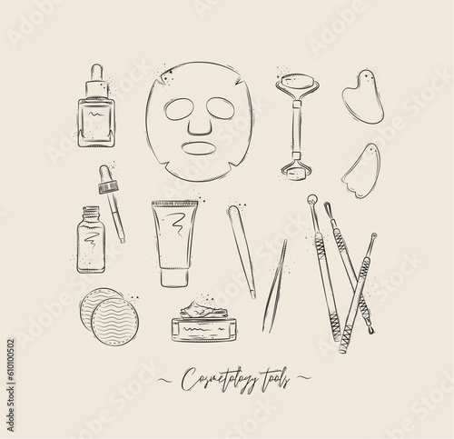 Face care tools serum bottle, anti-aging mask, hand and face cream, tweezers, cotton sponge, beautician tools, jade roller and gua sha massager drawing on beige background