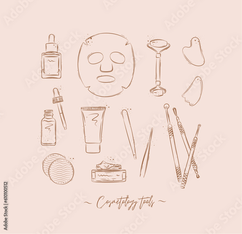 Face care tools serum bottle, anti-aging mask, hand and face cream, tweezers, cotton sponge, beautician tools, jade roller and gua sha massager drawing on light brown background