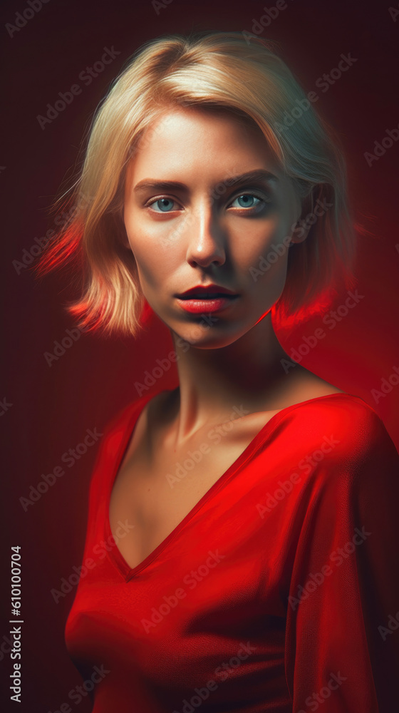 Blonde Beauty in a Ravishing Red. Generative AI Blonde Beauty in a Ravishing Red. Generative AI
