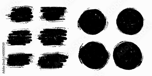 Grunge black set of elements with shabby texture, dots, splashes. Vector set of stamps, circles, paint brush strokes