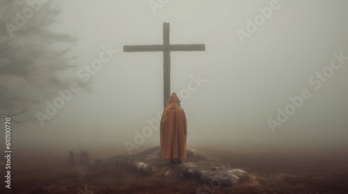 A faithful man in a cassock worships a large cross