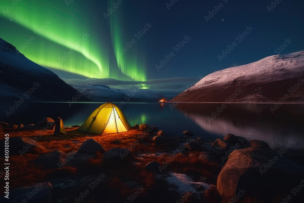 Dreamy Spring Camping by the Fjord with Aurora Borealis. Generative AI Dreamy Spring Camping by the Fjord with Aurora Borealis. Generative AI