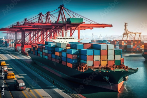 Busy Industrial Port with Container Ships and Cargo Logistics. Generative AI