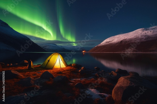 Dreamy Spring Camping by the Fjord with Aurora Borealis. Generative AI