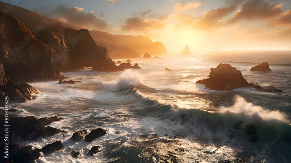 The rugged coastline stretches as far as the eye can see, with towering cliffs and crashing waves, Generative AI