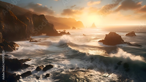 The rugged coastline stretches as far as the eye can see, with towering cliffs and crashing waves, Generative AI