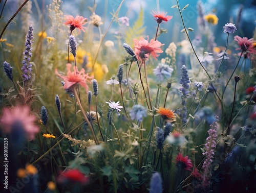 Delicate wildflowers bloom in a picturesque meadow, their vibrant colors and gentle sway in the breeze, celebrating the ephemeral beauty and intricate details of nature's floral, Generative AI 