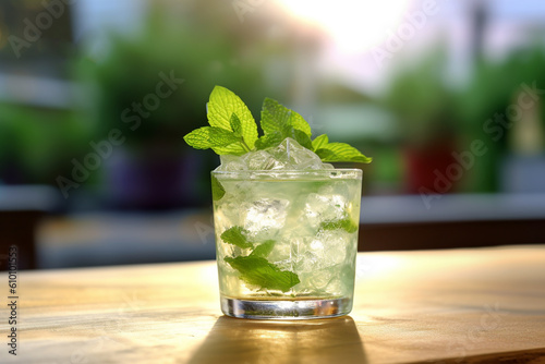 Mint Julep cocktail on the wooden table, Generative AI
