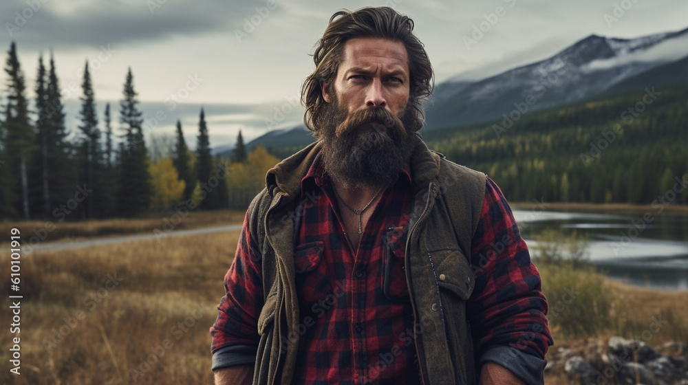 A rugged outdoorsman with a full beard and a flannel shirt, emanating a sense of adventure and masculinity Generative AI