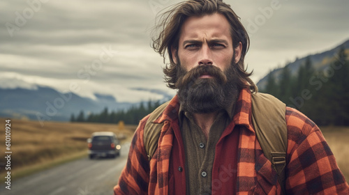 A rugged outdoorsman with a full beard and a flannel shirt, emanating a sense of adventure and masculinity Generative AI © Наталья Евтехова