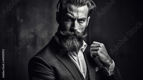 A striking portrait of a man with a well-maintained beard and a confident gaze, showcasing masculinity and charisma Generative AI photo