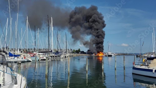 Fire. The boat is on fire at the boat station.