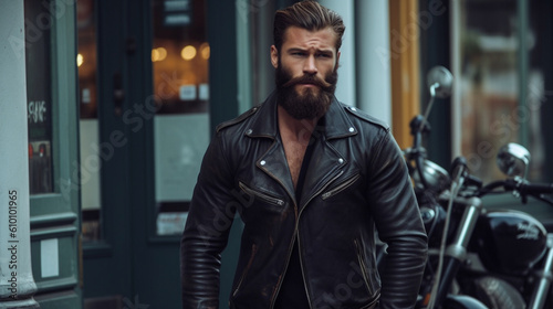 A charismatic gentleman with a perfectly trimmed beard and a classic leather jacket, embodying timeless coolness Generative AI