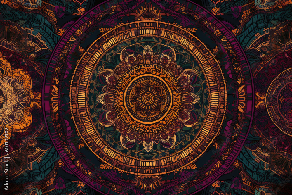 Intricate Mandala Pattern in Rich Jewel Tones with Golden Accents, generative ai