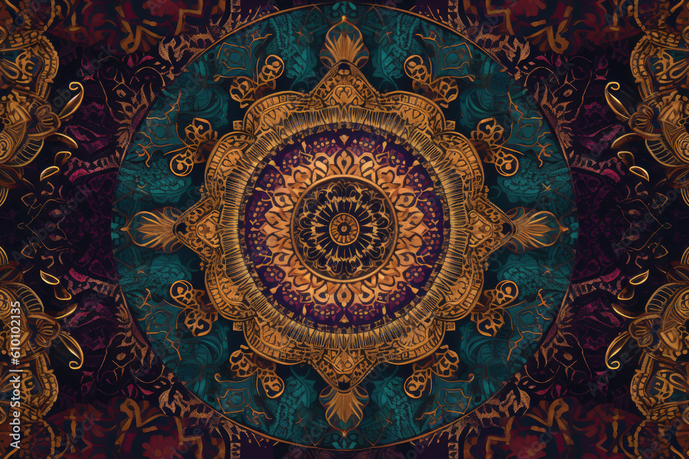 Intricate Mandala Pattern in Rich Jewel Tones with Golden Accents, generative ai
