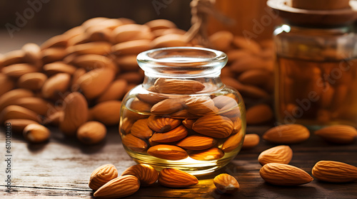 Almond oil in a small glass bottle on a wooden table. A pile of almonds and a glass with almond oil. photo