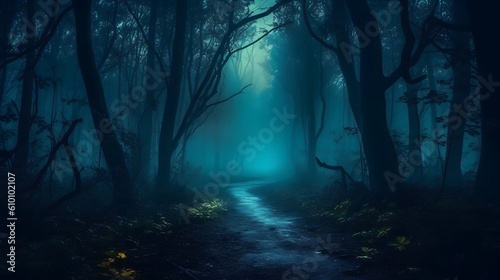 Mystical dark scary forest with fog and footpath. Halloween background.