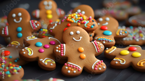 Christmas homemade gingerbread man cookie on wooden table. Christmas Holiday Background. Cute Gingerbread Man Cookies for Christmas.