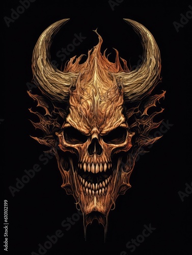 Demon, skull, evil, hell, illustration. Print for T-shirts. Generative AI.