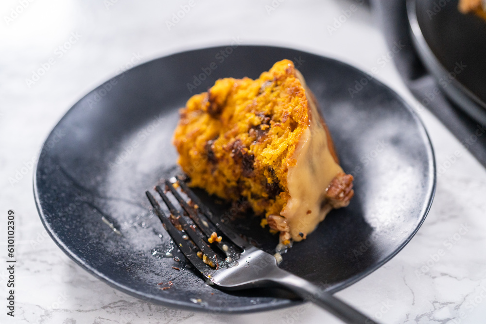 Chocolate pumpkin bundt cake with toffee glaze
