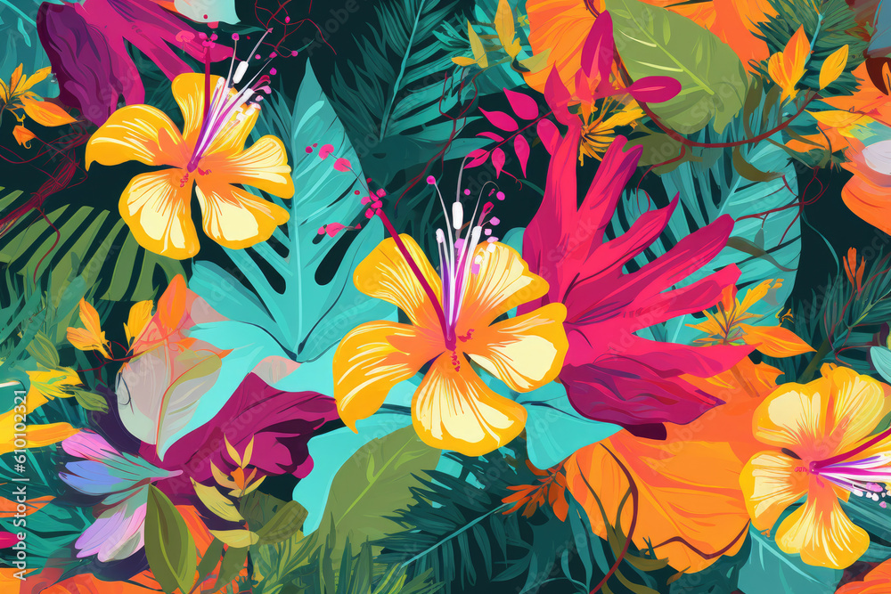 lively and cheerful wallpaper featuring a colorful array of tropical flowers, set against a bright and sunny background, generative ai lively and cheerful wallpaper featuring a colorful array of tropical flowers, set against a bright and sunny background, generative ai
