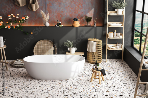 Vászonkép Modern cozy bathroom interior with beautiful bathtub, bathroom accessories, towel, plant, tile and black wall, ladder, roses, terrazzo floor