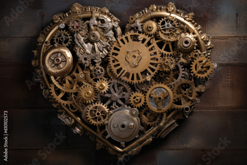 mechanical heart made up of intricate gears and cogs in gold and bronze, set against a backdrop of textured, worn metal, generative ai