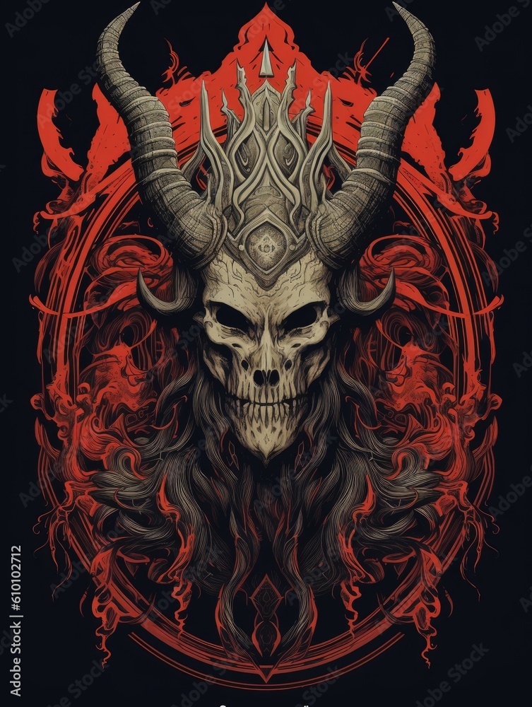 Demon, skull, evil, hell, illustration. Print for T-shirts. Generative AI. Demon, skull, evil, hell, illustration. Print for T-shirts. Generative AI.