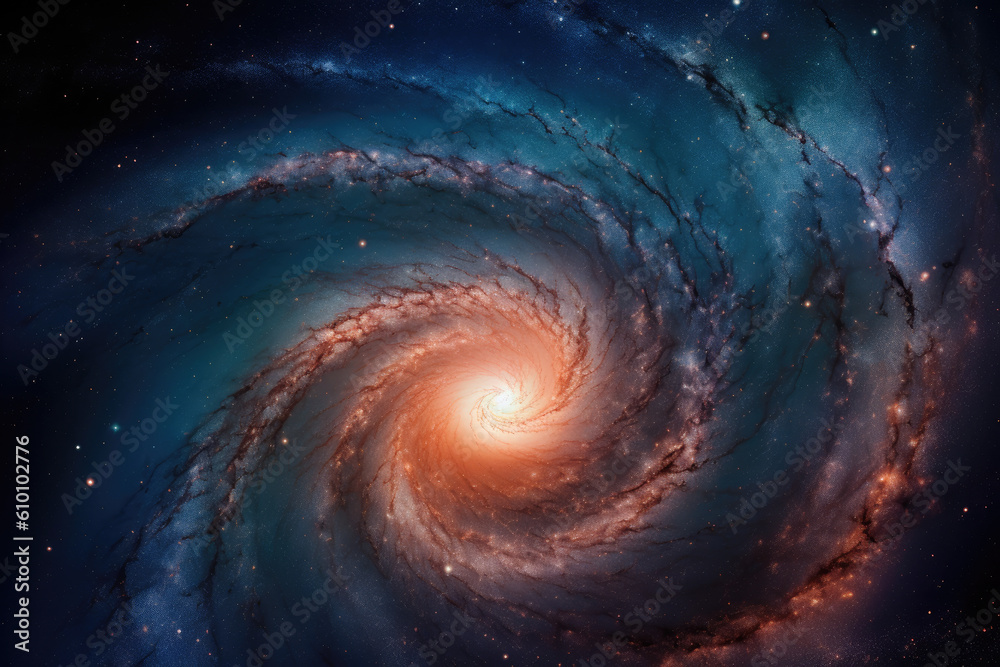 Mesmerizing image of a spiral galaxy with a bright central core and swirling arms filled with stars and cosmic dust, generative ai