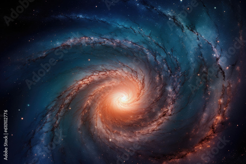 Mesmerizing image of a spiral galaxy with a bright central core and swirling arms filled with stars and cosmic dust, generative ai