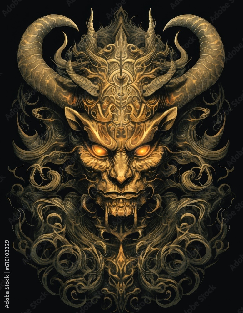 Demon, skull, evil, hell, illustration. Print for T-shirts. Generative AI. Demon, skull, evil, hell, illustration. Print for T-shirts. Generative AI.
