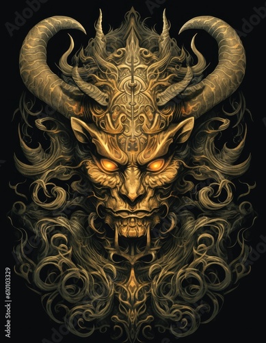 Demon, skull, evil, hell, illustration. Print for T-shirts. Generative AI.