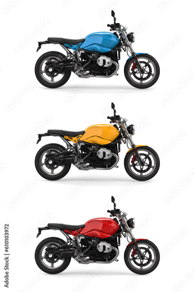 Obraz premium Set of three cool fast motorcycles in red, blue and yellow primary colors - side view