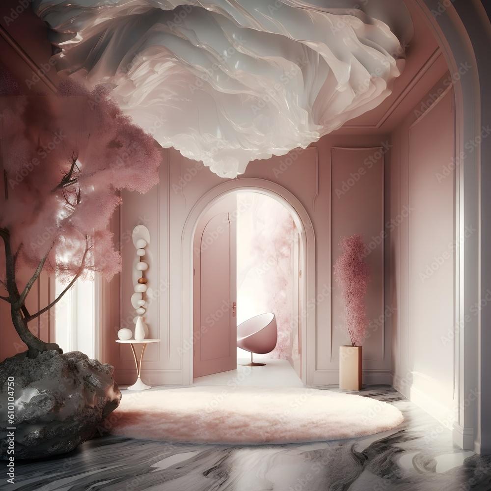 an entrance,soft pink and white and silver atmosphere,Abstract