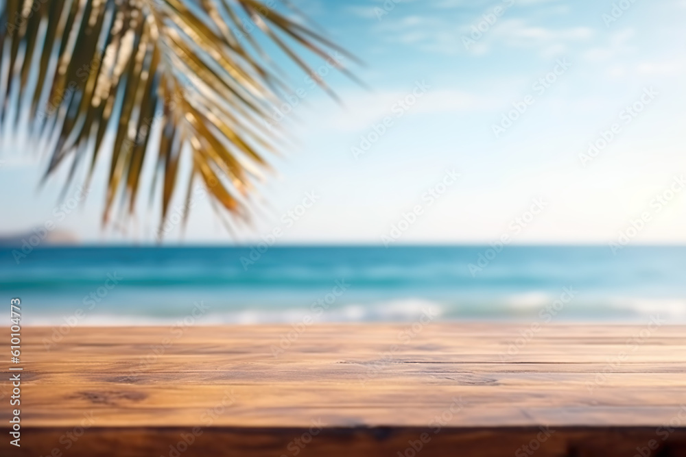 Empty table with out-of-focus beach background, summer vacation concept, IA generativa