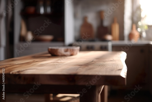 Empty rustic wood table with unfocused kitchen background  IA generativa