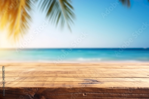 Empty table with out-of-focus beach background, summer vacation concept, IA generativa