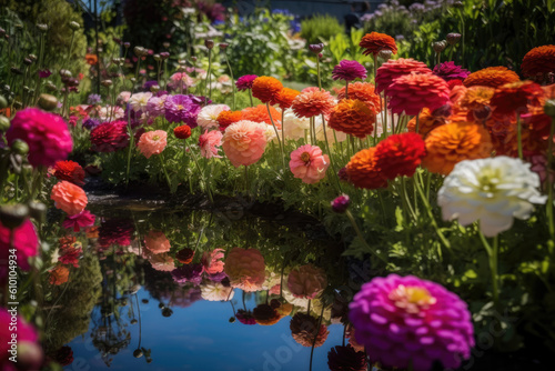 Mirror Reflections of a Vibrant Flower Garden, generative ai