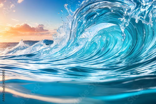 A very beautiful illustration of a wave, sky blue. Generative AI