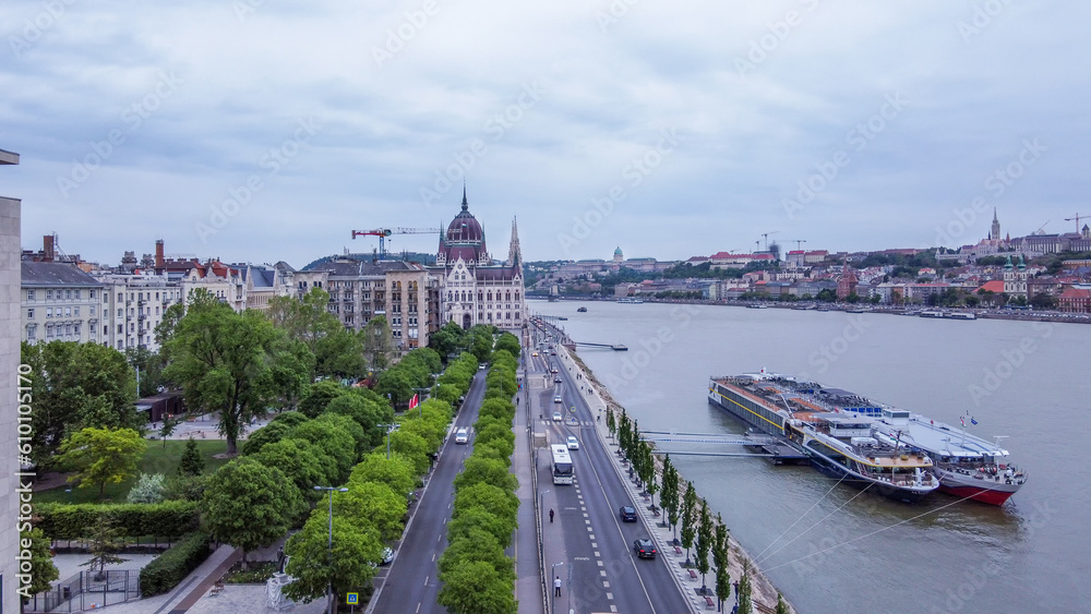 View on Hungarian Parliament and Danube river and  Royal palace (on Buda side) in Budapest