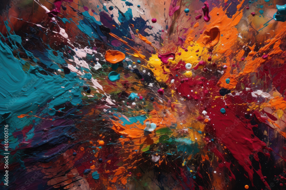 Multicolored ink and paint splatters in a chaotic yet mesmerizing display, generative ai
