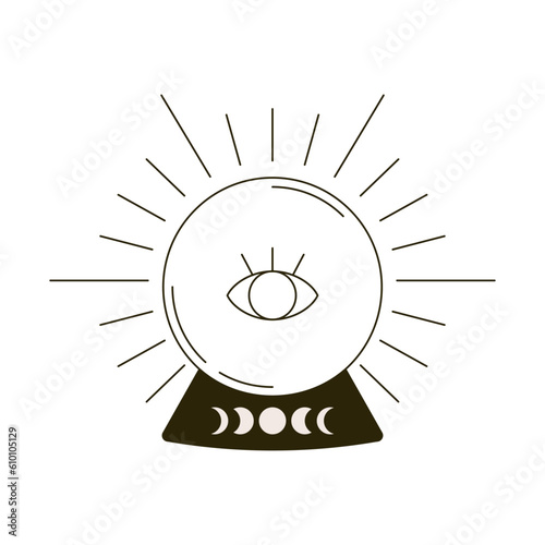 Crystal ball with an eye vector flat illustration. Celestial, magic outline element.