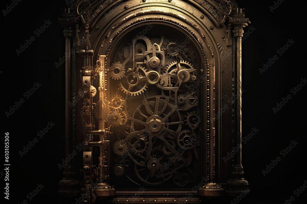 mysterious steampunk portal with rotating brass gears in a dark, atmospheric setting, generative ai