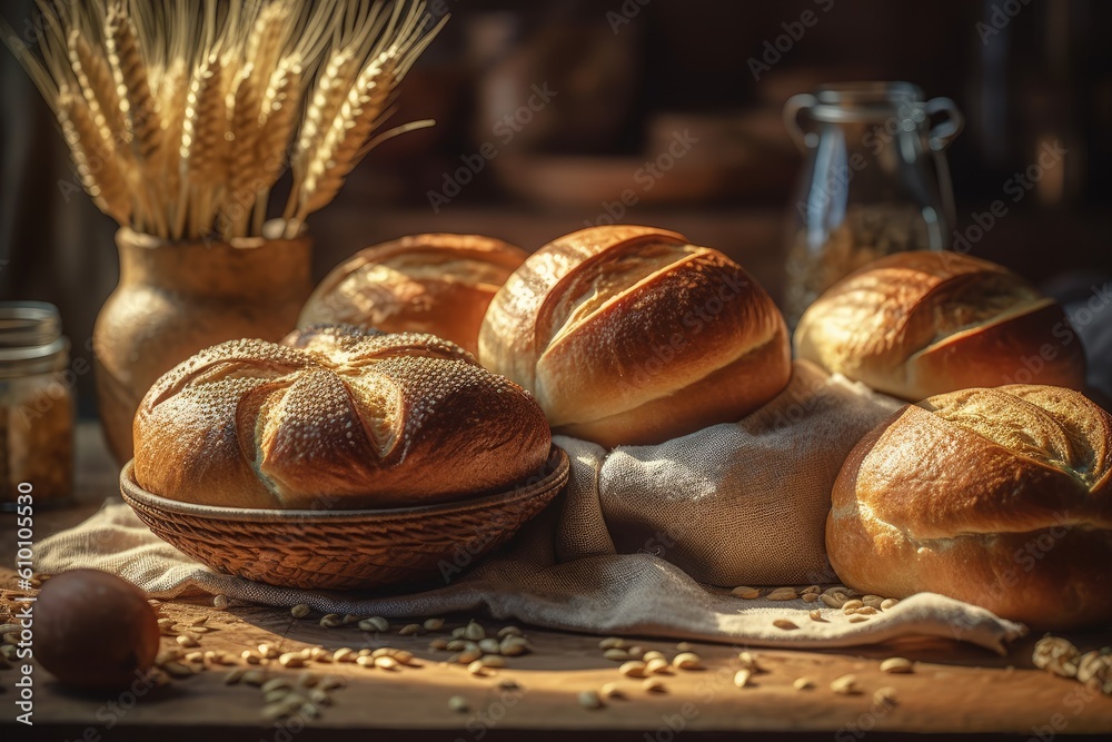 Bakery products, baking industry. food products baked from flour, yeast, salt, water and additional raw materials for bakery products. Bagels, buns, rolls, biscuits and loaf breads. Generative AI Bakery products, baking industry. food products baked from flour, yeast, salt, water and additional raw materials for bakery products. Bagels, buns, rolls, biscuits and loaf breads. Generative AI