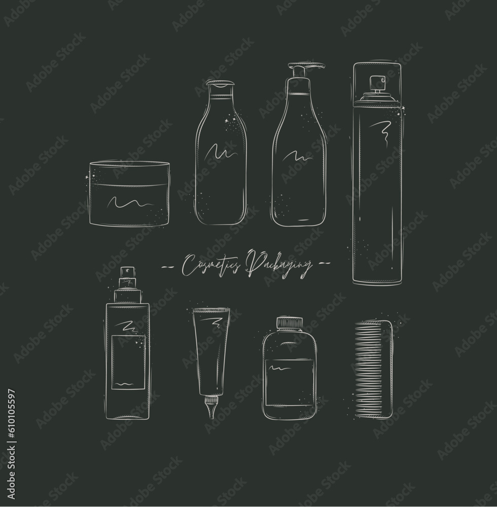 Hair cosmetics packaging containers drawing on brown background Hair cosmetics packaging containers drawing on brown background