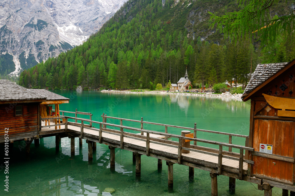 Fototapeta premium Braies Lake in Dolomites mountains, Sudtirol, Italy. Lake Braies is also known as Lago di Braies.