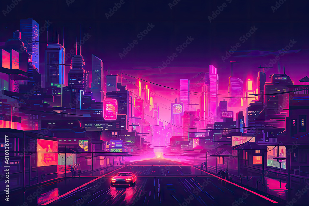 Pixel Art Cityscape with a Neon Nightlife Vibe, generative ai
