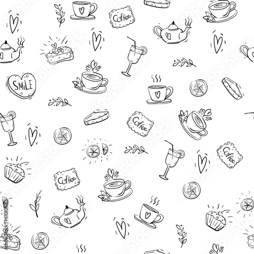 Seamless pattern with food elements in the form of painted cakes and cups of tea, coffee and cookies, twigs and coffee.