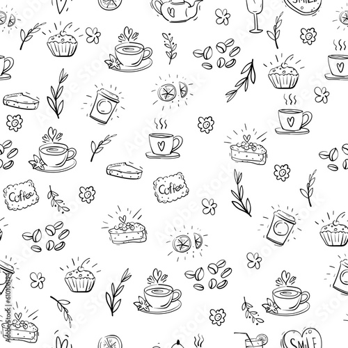 Seamless pattern with food elements in the form of painted cakes and cups of tea, coffee and cookies, twigs and coffee.